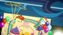 Size: 3410x1920 | Tagged: safe, screencap, applejack, rainbow dash, a photo booth story, equestria girls, g4, my little pony equestria girls: summertime shorts, balloon, bare shoulders, belt, boots, clothes, cowboy hat, cutie mark on clothes, duo, duo female, fall formal outfits, female, hat, high res, lasso, rope, shoes, sleeveless, smiling, strapless