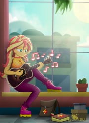 Size: 2048x2849 | Tagged: safe, alternate version, artist:lordshrekzilla20, sunset shimmer, fanfic:the one true king, equestria girls, g4, breasts, busty sunset shimmer, cleavage, female, guitar, high res, jewelry, music notes, musical instrument, necklace, playing instrument, relaxing, smiling, sunlight, window