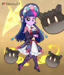 Size: 1642x1914 | Tagged: safe, artist:tabrony23, twilight sparkle, equestria girls, g4, beautiful, boots, breasts, clothes, costume, crossover, cute, dress, female, flag, genshin impact, hat, looking at you, patreon, patreon logo, shoes, slimes (genshin impact), smiling, solo, video game crossover, yun jin (genshin impact)