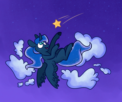 Size: 790x660 | Tagged: safe, artist:jroxs12pone, princess luna, alicorn, pony, g4, cute, female, flying, lunabetes, mare, missing accessory, night, no pupils, sky, solo, stars, tangible heavenly object