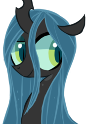 Size: 343x493 | Tagged: source needed, safe, artist:alandisc, queen chrysalis, changeling, changeling queen, g4, bust, confident, female, horn, makeup, mare, simple background, slit pupils, smiling, smirk, solo, white background