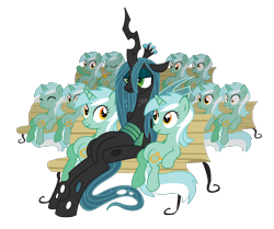 Size: 1078x900 | Tagged: safe, artist:xkappax, lyra heartstrings, queen chrysalis, changeling, changeling queen, pony, unicorn, g4, bench, black body, clone, derp, drink, drinking, drinking lyra, duo, duo female, eyes closed, female, golden eyes, green eyes, lyravasion, mare, meme, multeity, queen chrysalis is not amused, simple background, sitting, sitting lyra, slit pupils, tail, teal body, teal coat, teal fur, teal hair, teal mane, teal pony, teal tail, tongue out, transparent background, two toned hair, two toned mane, two toned tail, unamused