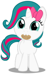 Size: 2013x3140 | Tagged: safe, artist:strategypony, oc, oc only, oc:pinkie rose, pony, unicorn, bow, cute, female, filly, foal, food, hair bow, high res, horn, looking at you, mouth hold, ocbetes, potato, simple background, transparent background, unicorn oc