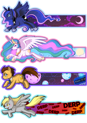 Size: 1414x2000 | Tagged: safe, artist:willowsan, derpy hooves, doctor whooves, princess celestia, princess luna, time turner, alicorn, earth pony, pegasus, pony, g4, bookmark, derp, doctor who, female, male, mare, simple background, speed trail, stallion, tardis, the doctor, transparent background