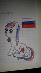Size: 1837x3265 | Tagged: safe, artist:dassboshit, oc, oc only, oc:marussia, earth pony, pony, 2015, braid, cyrillic, female, flag, lined paper, mare, nation ponies, pigtails, russia, russian, solo, traditional art, twintails