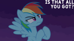 Size: 1280x720 | Tagged: safe, edit, edited screencap, editor:quoterific, screencap, rainbow dash, pegasus, pony, castle mane-ia, g4, season 4, female, flying, mare, night, solo, spread wings, text, wings