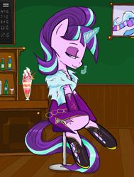 Size: 1143x1512 | Tagged: safe, artist:sallycars, starlight glimmer, trixie, pony, unicorn, g4, bar, cherry, cocktail dress, female, food, herbivore, ice cream, lidded eyes, magic, mare, ms paint, picture frame, s5 starlight, solo, telekinesis