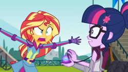 Size: 3410x1920 | Tagged: safe, screencap, sci-twi, sunset shimmer, twilight sparkle, equestria girls, g4, my little pony equestria girls: friendship games, angry, duo, duo female, female, glasses, high res, lip bite, magic capture device, open mouth, shrunken pupils