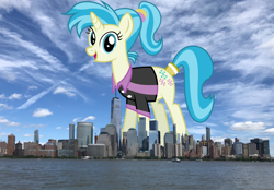Size: 2100x1465 | Tagged: safe, artist:thegiantponyfan, artist:vladimirmacholzraum, allie way, pony, unicorn, g4, clothes, female, giant pony, giant unicorn, giantess, highrise ponies, irl, looking at you, macro, manhattan, mare, mega giant, new york, new york city, open mouth, open smile, photo, ponies in real life, smiling, smiling at you