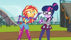 Size: 3410x1920 | Tagged: safe, screencap, sci-twi, sunset shimmer, twilight sparkle, equestria girls, g4, my little pony equestria girls: friendship games, angry, duo, duo female, female, glasses, high res, lip bite, magic capture device, pointing, shrunken pupils