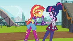 Size: 3410x1920 | Tagged: safe, screencap, sci-twi, sunset shimmer, twilight sparkle, equestria girls, g4, my little pony equestria girls: friendship games, angry, duo, duo female, eyes closed, female, glasses, high res, magic capture device, shrunken pupils