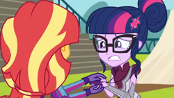 Size: 3410x1920 | Tagged: safe, screencap, sci-twi, sunset shimmer, twilight sparkle, equestria girls, g4, my little pony equestria girls: friendship games, duo, duo female, female, glasses, high res, magic capture device