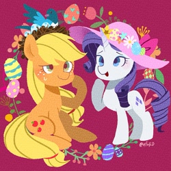 Size: 1277x1277 | Tagged: safe, artist:efuji_d, applejack, rarity, bird, earth pony, pony, unicorn, blushing, duo, easter egg, female, flower, hat, looking up, mare, nest, red background, simple background, sitting
