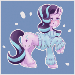 Size: 1900x1900 | Tagged: safe, artist:infamousrebel, starlight glimmer, pony, unicorn, g4, blue background, blushing, clothes, cute, doodle, eye clipping through hair, eyebrows, female, full body, glimmerbetes, mare, outline, simple background, smiling, solo, starlight glimmer day, sweater, white outline, white pupils