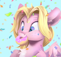 Size: 1280x1200 | Tagged: safe, artist:sketchiix3, oc, oc only, oc:mio, pegasus, pony, bust, chest fluff, confetti, donut, female, food, freckles, mare, open mouth, solo