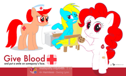 Size: 1151x694 | Tagged: safe, artist:shafiqhafizi70, nurse redheart, pinkie pie, oc, oc only, earth pony, pony, g4, cookie, eating, food, indonesia, injection, photo, poster, simple background, white background