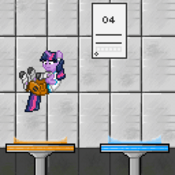 Size: 1152x1152 | Tagged: safe, artist:mariothepixelarter, twilight sparkle, pony, unicorn, g4, animated, chell, clothes, female, gif, loop, mare, now you're thinking with portals, pants, pixel art, portal, portal (valve), shirt, solo, unicorn twilight