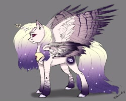 Size: 2560x2048 | Tagged: safe, artist:miurimau, oc, oc only, alicorn, pony, alicorn oc, ear piercing, earring, ethereal mane, female, gray background, high res, horn, jewelry, mare, peytral, piercing, signature, simple background, solo, starry mane, wings