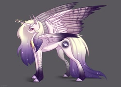 Size: 2500x1800 | Tagged: safe, artist:miurimau, oc, oc only, alicorn, pony, alicorn oc, ear piercing, earring, ethereal mane, female, gray background, horn, jewelry, mare, peytral, piercing, signature, simple background, solo, starry mane, wings