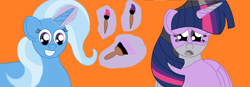 Size: 2240x776 | Tagged: safe, artist:scoutimusprime, trixie, twilight sparkle, alicorn, pony, unicorn, g4, discorded, discorded twilight, duo, orange background, paint, paintbrush, painting, sad, simple background, twilight sparkle (alicorn), twilight tragedy