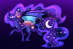 Size: 3000x2000 | Tagged: safe, artist:glitterstar2000, princess luna, alicorn, pony, g4, alternate design, bat wings, chest fluff, curved horn, ethereal mane, female, fetlock tuft, glowing, glowing eyes, gradient background, high res, horn, mare, solo, starry mane, wings