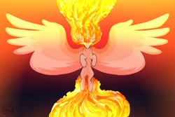 Size: 3000x2000 | Tagged: safe, artist:glitterstar2000, princess celestia, alicorn, pony, g4, female, fire, glowing, glowing eyes, high res, large wings, mane of fire, mare, not daybreaker, solo, spread wings, wings