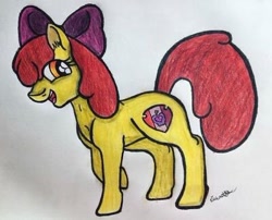 Size: 400x323 | Tagged: safe, artist:riverartist08, apple bloom, earth pony, pony, g4, female, filly, foal, happy, one eye covered, solo, traditional art