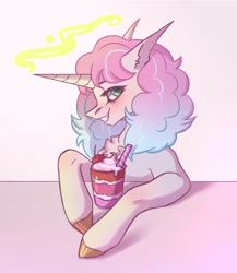 Size: 1878x2160 | Tagged: safe, artist:miurimau, oc, oc only, pony, unicorn, bust, chest fluff, drink, ear fluff, grin, horn, milkshake, smiling, solo, unicorn oc