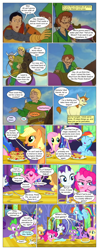 Size: 612x1553 | Tagged: safe, artist:greatdinn, artist:newbiespud, edit, edited screencap, screencap, applejack, fluttershy, pinkie pie, rainbow dash, rarity, spike, twilight sparkle, dragon, earth pony, human, pegasus, pony, unicorn, comic:friendship is dragons, castle sweet castle, g4, bust, clothes, collaboration, comic, dialogue, glasses, hat, male, mane seven, mane six, screencap comic, smiling, smirk