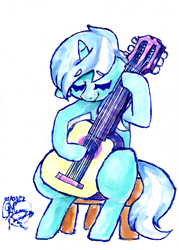 Size: 3006x4200 | Tagged: safe, artist:mannybcadavera, lyra heartstrings, pony, unicorn, g4, acrylic painting, chair, dexterous hooves, eyebrows, eyebrows visible through hair, eyes closed, female, guitar, high res, mare, musical instrument, signature, simple background, sitting, smiling, solo, stool, traditional art, white background