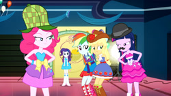 Size: 3410x1920 | Tagged: safe, screencap, applejack, pinkie pie, rainbow dash, rarity, twilight sparkle, a photo booth story, equestria girls, g4, my little pony equestria girls: summertime shorts, animation error, balloon, bare shoulders, boots, bracelet, clothes, cowboy hat, cutie mark on clothes, fake moustache, fall formal outfits, female, hairpin, hand on hip, hat, high res, jewelry, shoes, sleeveless, smiling, strapless, twilight ball dress