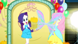 Size: 3410x1920 | Tagged: safe, screencap, fluttershy, rarity, a photo booth story, equestria girls, g4, my little pony equestria girls: summertime shorts, balloon, bare shoulders, boots, bracelet, butterfly wings, duo, duo female, eyes closed, fall formal outfits, female, hairpin, high res, jewelry, open mouth, open smile, shoes, sleeveless, smiling, strapless, wings