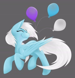 Size: 2836x2928 | Tagged: safe, artist:feather_bloom, oc, oc only, oc:feather bloom(fb), oc:feather_bloom, pegasus, pony, :3, balloon, birthday, excited, eyes closed, gray background, high res, mouth hold, running, shading, simple background, solo, wholesome