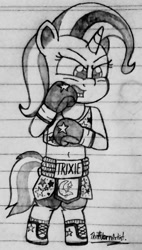 Size: 864x1518 | Tagged: safe, artist:ct1443ae, trixie, unicorn, semi-anthro, g4, boxing, boxing gloves, lined paper, solo, sports, traditional art