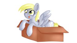 Size: 1920x1080 | Tagged: safe, artist:jbond, derpy hooves, pegasus, pony, g4, box, chest fluff, cute, derpabetes, female, mare, pony in a box, simple background, solo, tongue out, white background