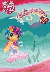Size: 591x851 | Tagged: safe, photographer:l'iviokelem, scootaloo (g3), butterfly, earth pony, mermaid, merpony, pony, g3, g3.5, official, blind bag, bubble, cute, g3 cutealoo, name tag, ponytail, solo, toy, underwater, wrong eye color