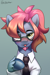 Size: 2000x3000 | Tagged: safe, artist:jedayskayvoker, oc, oc only, oc:junup, pony, :p, blushing, clothes, cute, eyebrows, facial hair, femboy, glasses, goatee, high res, looking at you, male, necktie, ponytail, shirt, solo, stallion, tongue out, unshorn fetlocks