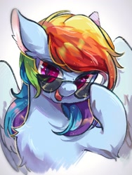 Size: 1536x2048 | Tagged: safe, artist:朔, rainbow dash, pegasus, pony, bust, chest fluff, commission, cute, dashabetes, elbow fluff, female, looking at you, looking over sunglasses, mare, open mouth, partially open wings, raised hoof, simple background, smiling, solo, sunglasses, wings