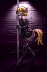 Size: 1672x2579 | Tagged: safe, artist:kikiaivykile, oc, oc:alexis arrows, anthro, unguligrade anthro, clothes, panties, solo, stockings, stripper, stripper pole, thigh highs, underwear