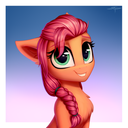 Size: 3000x3000 | Tagged: safe, artist:setharu, sunny starscout, earth pony, pony, g5, my little pony: a new generation, abstract background, bust, cute, female, mare, portrait, simple background, solo, sunnybetes