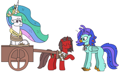 Size: 2836x1739 | Tagged: safe, artist:supahdonarudo, princess celestia, oc, oc:ironyoshi, oc:sea lilly, alicorn, classical hippogriff, hippogriff, pony, unicorn, g4, ..., camera, cart, clothes, i'm your biggest fanatic, jewelry, necklace, raised hoof, reference, shirt, simple background, spongebob reference, spongebob squarepants, surprised, this will end in a trip to the moon, tied up, transparent background