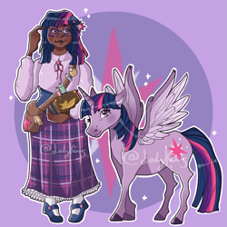 Size: 1773x1773 | Tagged: safe, artist:ladykins, twilight sparkle, alicorn, human, pony, g4, abstract background, bag, belt, blouse, book, clothes, colored hooves, cutie mark accessory, cutie mark background, dark skin, duo, female, flats, floppy ears, glasses, hair accessory, humanized, long skirt, mare, markings, outline, pigeon toed, potion, round glasses, scroll, self paradox, self ponidox, shirt, shoes, shoulder bag, skirt, smiling, socks, sparkles, spread wings, standing, swiss waist, twilight sparkle (alicorn), unshorn fetlocks, watermark, white outline, wings