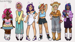 Size: 2430x1366 | Tagged: safe, artist:alexiseatsbees, applejack, cracker, fluttershy, pinkie pie, rainbow dash, rarity, twilight sparkle, human, g1, g4, alternate hairstyle, applejack's hat, armpits, belt, blushing, book, boots, clothes, converse, cowboy boots, cowboy hat, dark skin, dress, ear piercing, earring, female, flannel, flats, freckles, glasses, grin, hair over one eye, hat, hick, high heels, hijab, hillbilly, humanized, islam, islamashy, jeans, jewelry, mane six, necklace, nose piercing, nose ring, pants, piercing, religion, shoes, shorts, simple background, size difference, skirt, smiling, socks, stockings, striped socks, sweater, tank top, thigh highs, white background