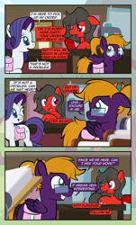 Size: 1920x3169 | Tagged: safe, artist:alexdti, rarity, oc, oc:crimson swift, oc:purple creativity, pegasus, pony, unicorn, comic:quest for friendship, g4, :o, bag, comic, dialogue, female, floppy ears, folded wings, glasses, grin, high res, horn, indoors, lidded eyes, looking at each other, looking at someone, looking back, male, mare, open mouth, open smile, partially open wings, pegasus oc, ponytail, saddle bag, smiling, speech bubble, stallion, tail, underhoof, wings