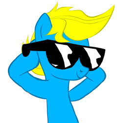 Size: 873x915 | Tagged: safe, artist:ferna-dit, artist:pennyjam, oc, oc only, earth pony, pony, base used, bust, earth pony oc, hooves behind head, simple background, smiling, solo, sunglasses, white background, yellow mane