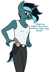 Size: 1138x1624 | Tagged: safe, artist:moonatik, oc, oc only, oc:sol nightshade, unicorn, anthro, anthro oc, belt, clothes, gun, handgun, holster, horn, male, pointing at you, revolver, simple background, solo, stallion, talking to viewer, tank top, unicorn oc, weapon
