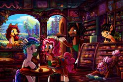 Size: 4373x2920 | Tagged: safe, artist:jowyb, oc, oc only, oc:cinnamon sticks, oc:ginger bread, oc:heather, oc:jamie dodger, oc:peppermint patty, oc:rio, earth pony, pegasus, pony, unicorn, apron, cafe, cake, cash register, cleaning, clothes, coat markings, confectionery, earth pony oc, feather in hair, female, folded wings, food, freckles, glasses, grin, hair bun, happy, high res, horn, lantern, male, mare, menu, mountain, open mouth, open smile, pale belly, pegasus oc, pie, scenery, sitting, smiling, socks (coat markings), stallion, tail, tail bun, unicorn oc, unshorn fetlocks, wings