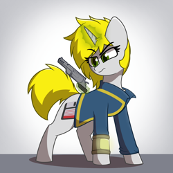 Size: 1080x1080 | Tagged: safe, artist:deltarainrum, oc, oc only, oc:code cracker, pony, unicorn, fallout equestria, clothes, gun, simple background, weapon