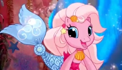 Size: 1882x1080 | Tagged: safe, screencap, pinkie pie (g3), earth pony, mermaid, merpony, pony, starfish, g3, g3.5, official, bubble, commercial, coral, crepuscular rays, cute, fish tail, flowing mane, flowing tail, g3 diapinkes, happy, heart, heart eyes, mermaid tail, mermaidized, necklace, ocean, open mouth, open smile, reef, scales, seashell, seashell necklace, smiling, solo, species swap, sunlight, swimming, tail, underwater, water, wingding eyes