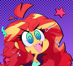 Size: 1105x1000 | Tagged: safe, artist:opossum-stuff, sunset shimmer, equestria girls, g4, cute, cute little fangs, fangs, ohayou face, open mouth, shimmerbetes, solo